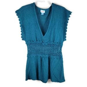 Plenty by Tracy Reese Sweater Womens M Teal Mohair Blend Vest Crochet
